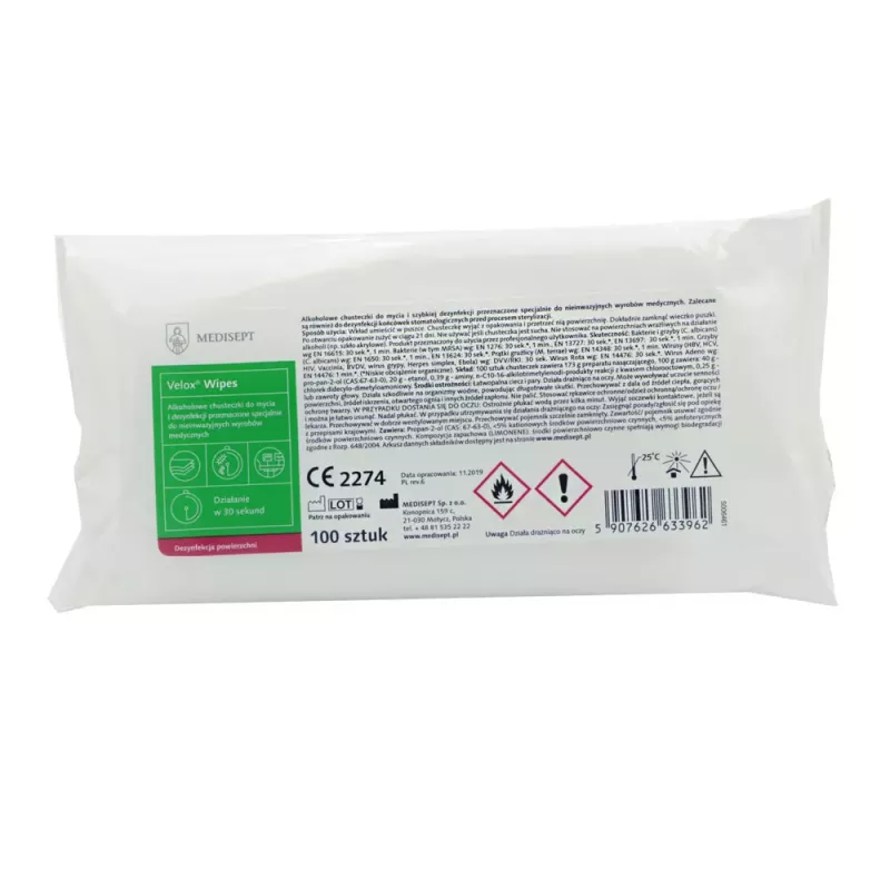 Velox Wipes Alkoholowe chusteczki do mycia i dezynfekcji małych powierzchni i sprzętu medycznego 100 szt Velox Wipes Alkoholowe chusteczki do mycia i dezynfekcji małych powierzchni i sprzętu medycznego 100 szt